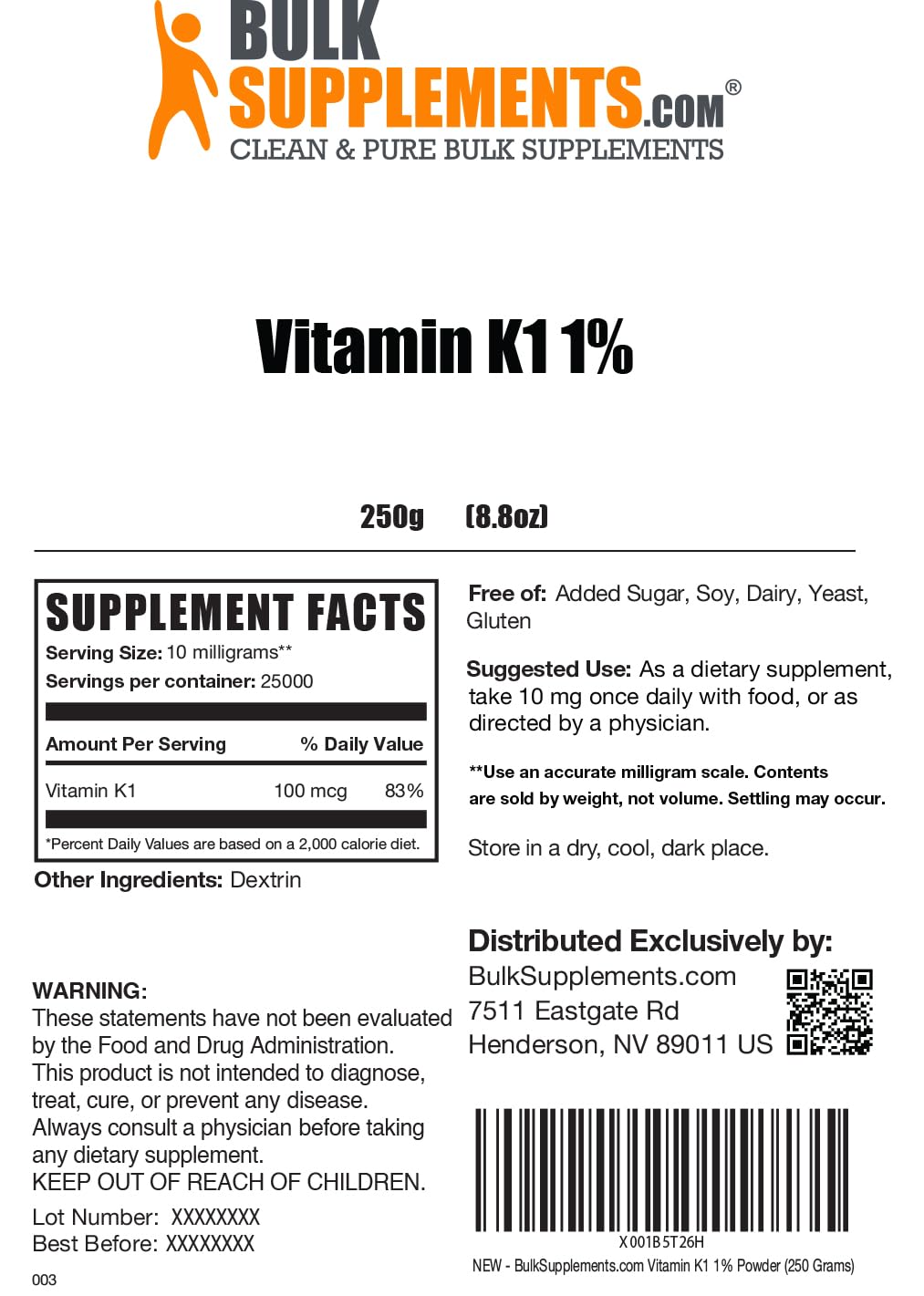 BulkSupplements polvo vitamina k1 con cucharilla dosificadora