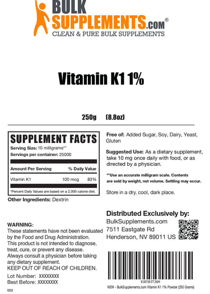 BulkSupplements polvo vitamina k1 con cucharilla dosificadora