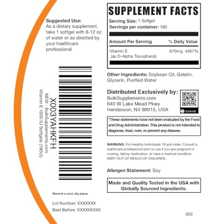 BulkSupplements suplemento vitamina e 1000 iu 180 cápsulas
