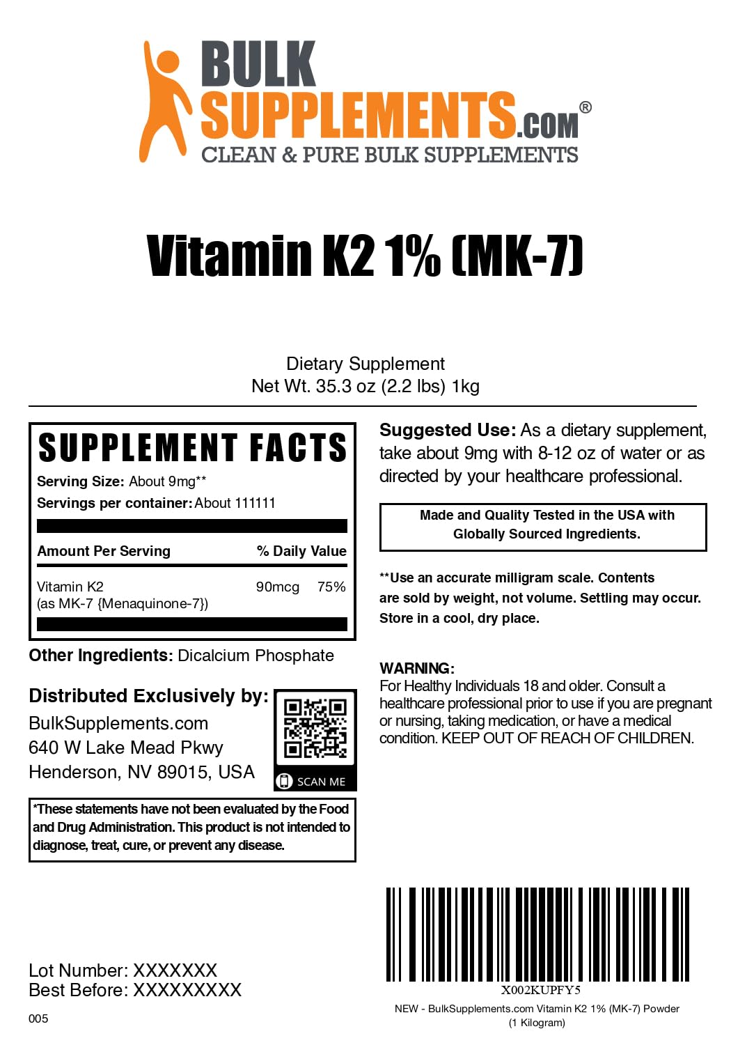BulkSupplements suplemento vitamina k2 mk7 polvo 1kg