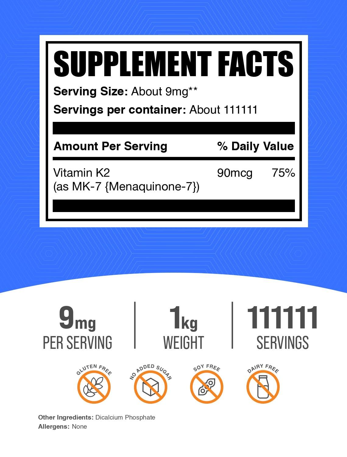 Envase de BulkSupplements Vitamina K2 polvo MK7 9 mg