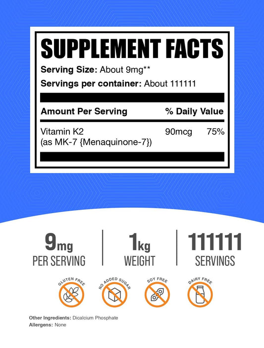 Envase de BulkSupplements Vitamina K2 polvo MK7 9 mg
