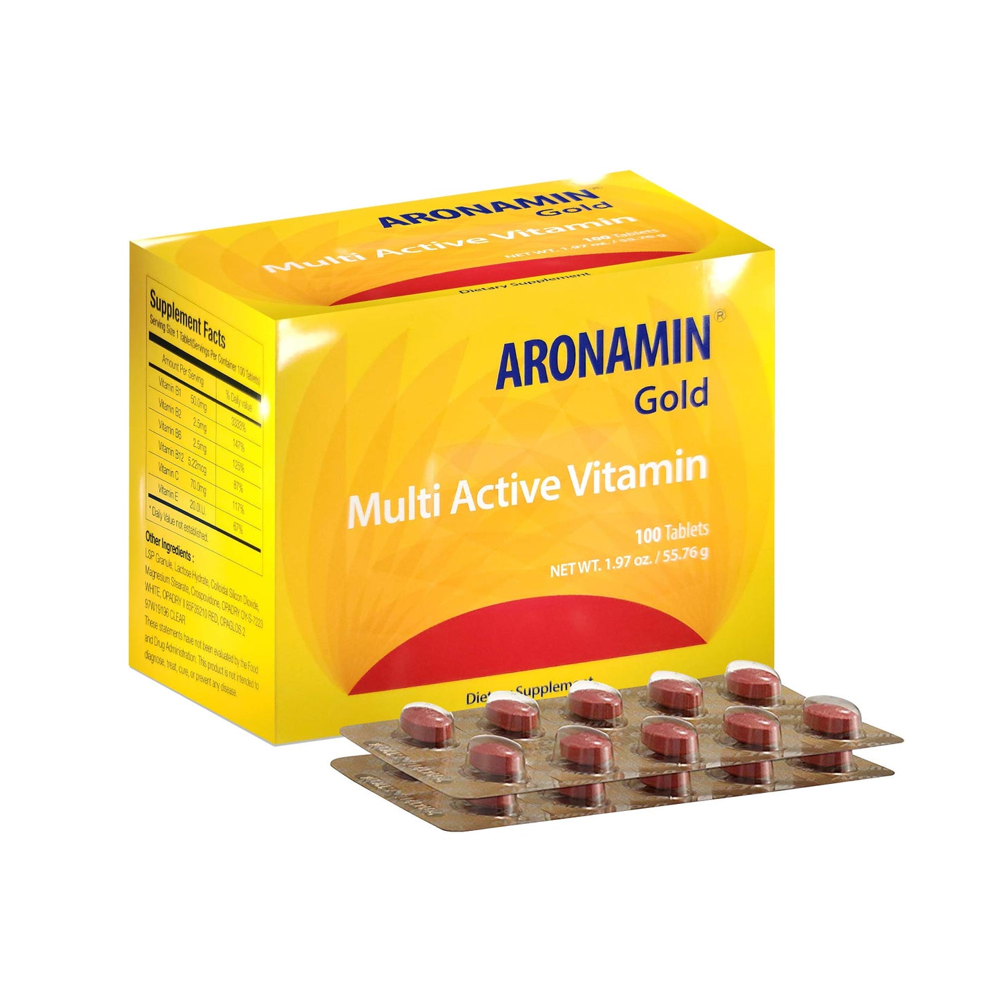 Caja de Aronamin Gold con tabletas visibles.