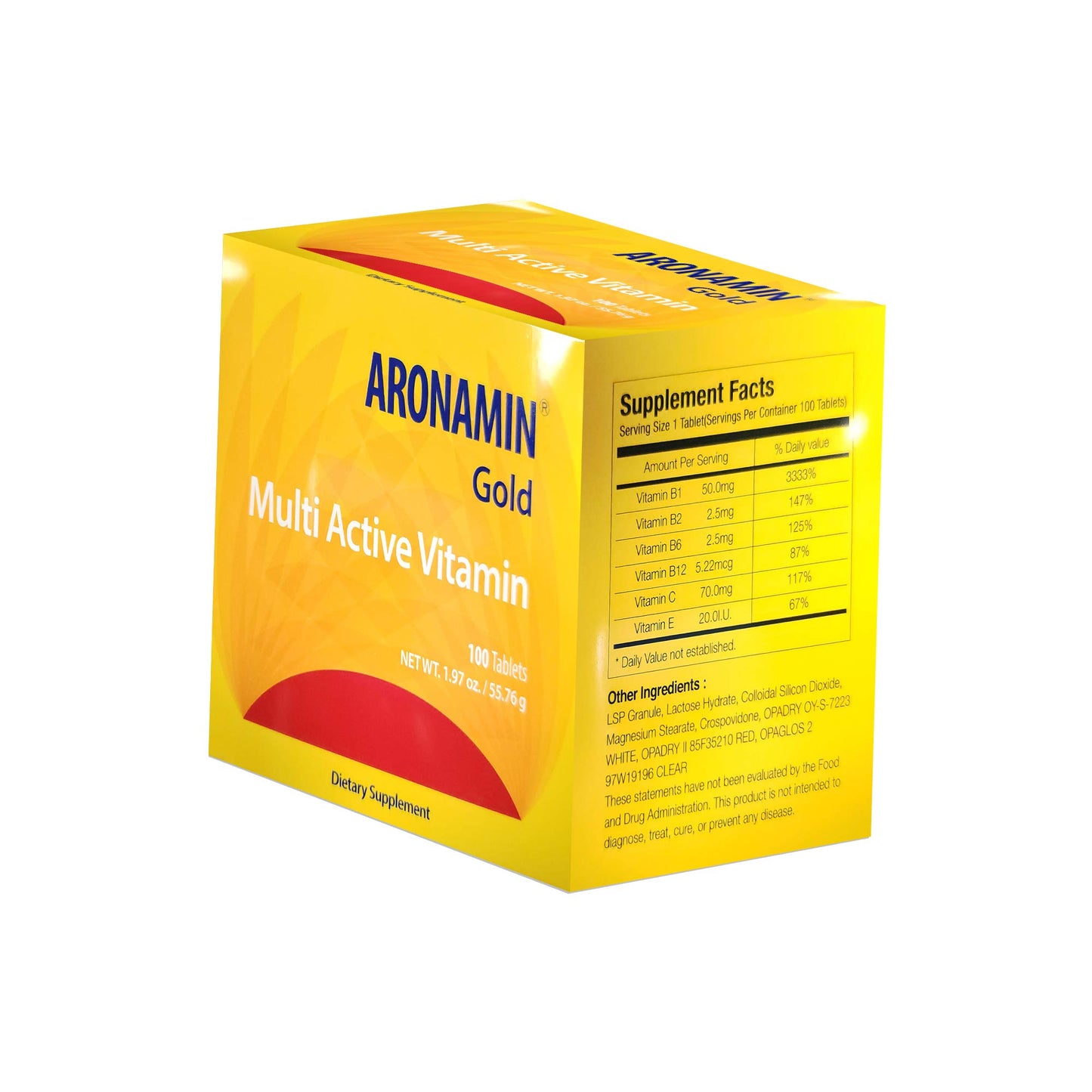 Caja de Aronamin Gold vista lateral con detalles de suplemento.