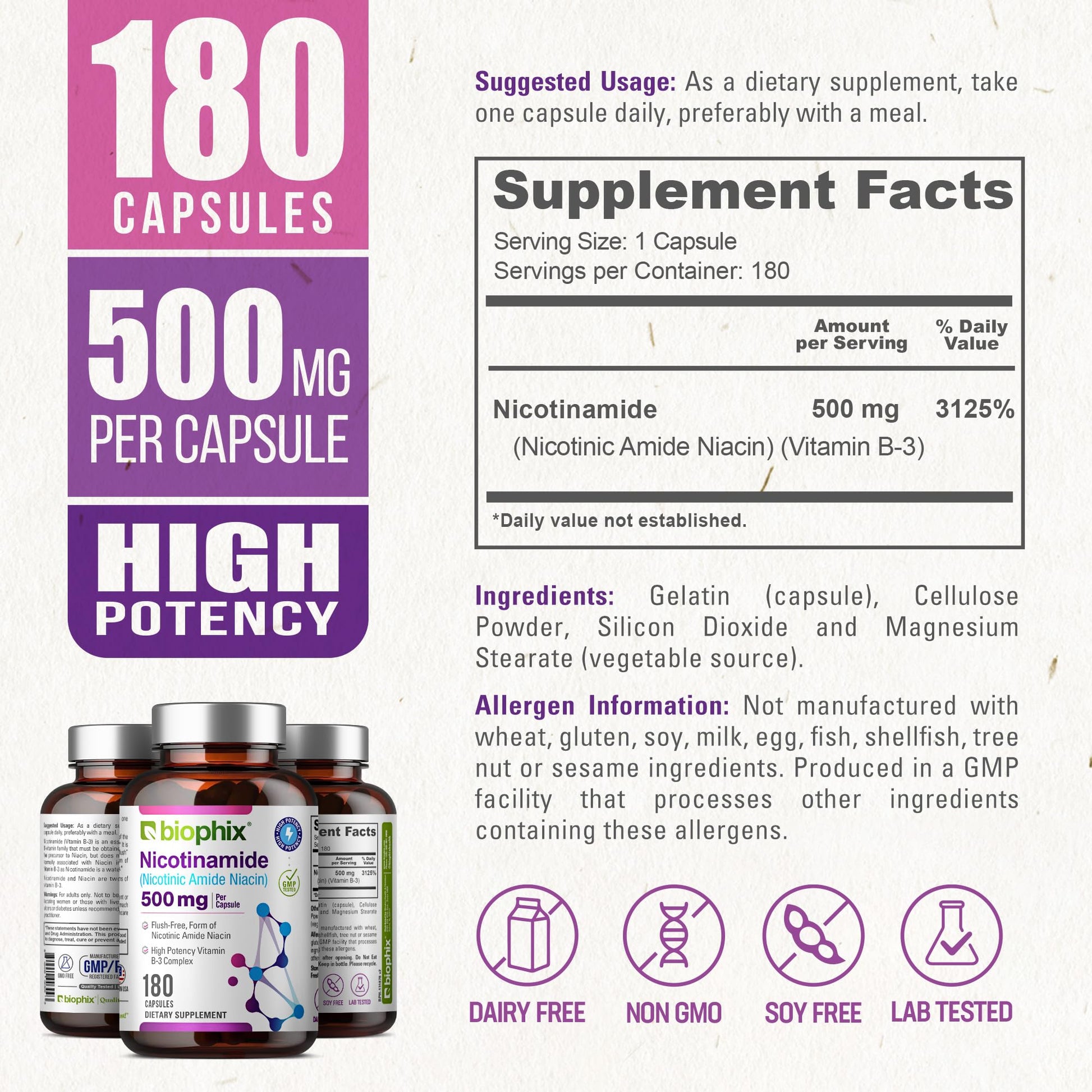 Caja biophix B-3 nicotinamida 500 mg suplemento energía