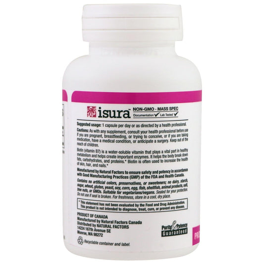 Caja y botella de Biotina Natural Factors para piel y cabello
