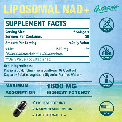 Caja y botella de suplemento NAD+ liposomal Giorana 120 ct
