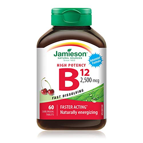 Caja y botella de vitamina B12 Jamieson 2500 mcg 60 tabletas