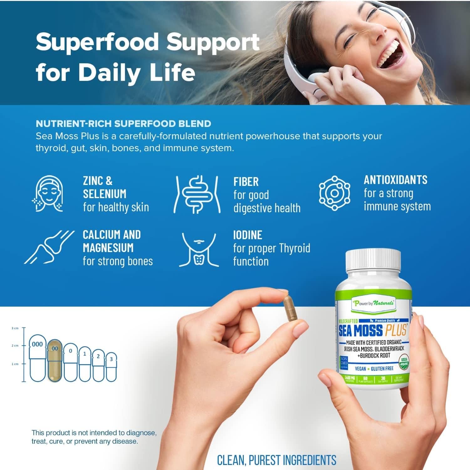 Caja y botellas de suplemento Power By Naturals sea moss y vitamina D3