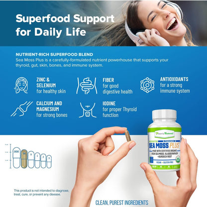 Caja y botellas de suplemento Power By Naturals sea moss y vitamina D3