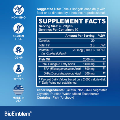 Caja de cápsulas BioEmblem vitamina D3 K2 y Omega-3