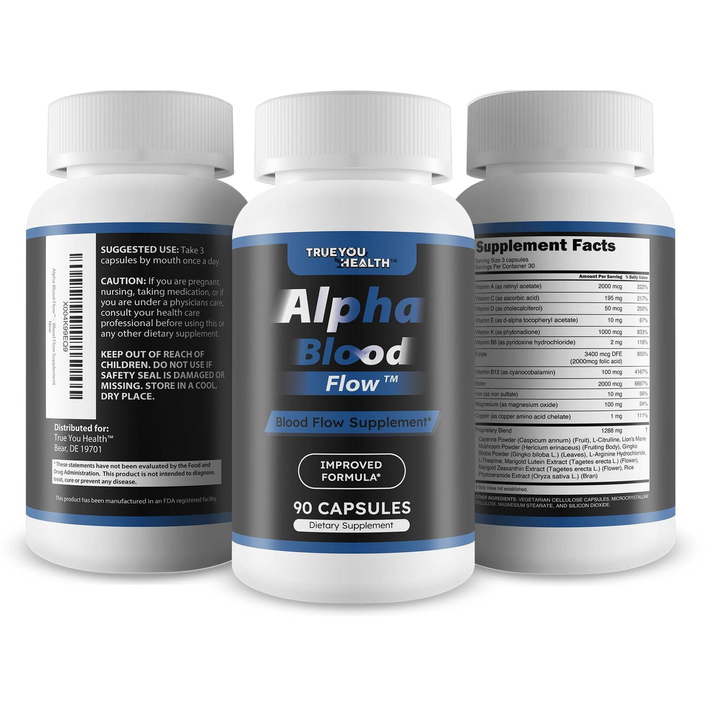 Caja y frasco de Alpha Blood Flow suplemento circulación masculina