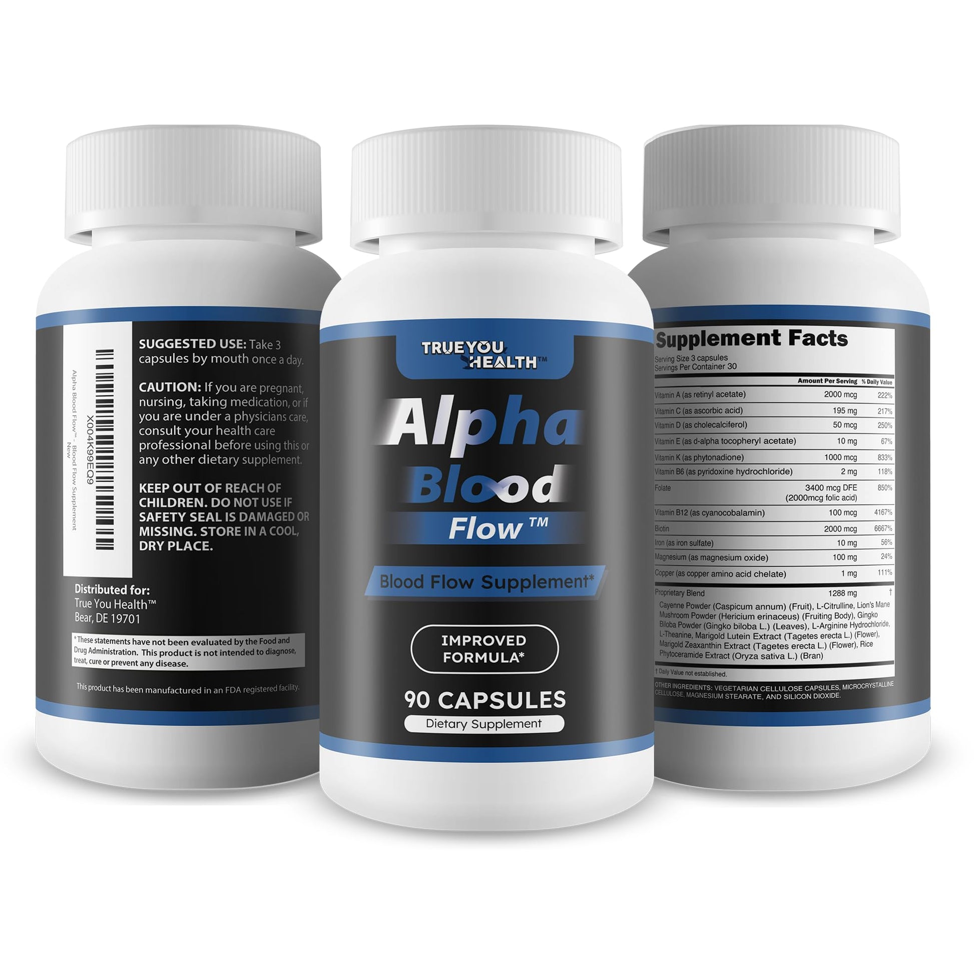Caja y frasco de Alpha Blood Flow suplemento circulación masculina