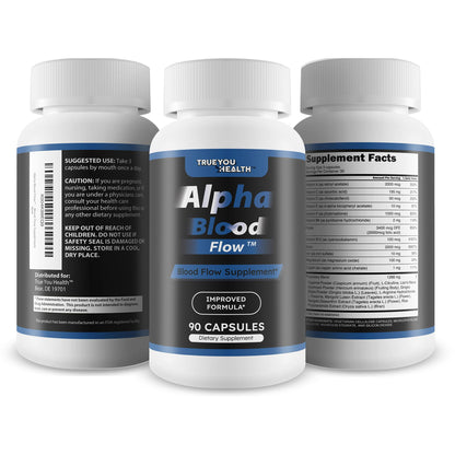 Caja y frasco de Alpha Blood Flow suplemento circulación masculina