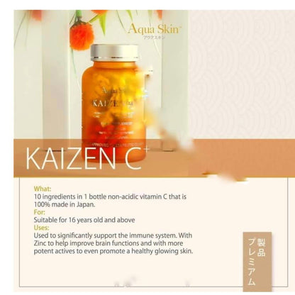 Caja y frasco Aqua Skin Kaizen C 30 cápsulas vitamina C no ácida