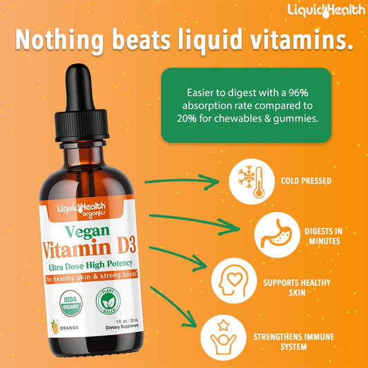 Caja y gotas líquidas de vitamina D3 orgánica LIQUIDHEALTH 2 pack