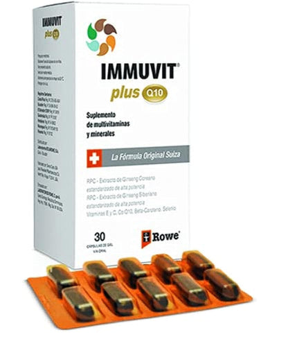 Caja Immuvit Plus Q10 con cápsulas de gel.