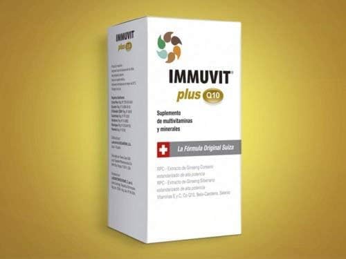 Caja de suplemento Immuvit Plus Q10 en fondo amarillo.