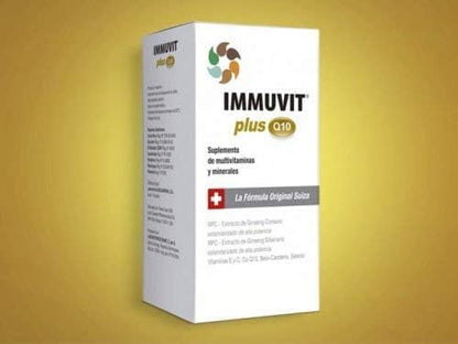 Caja de suplemento Immuvit Plus Q10 en fondo amarillo.