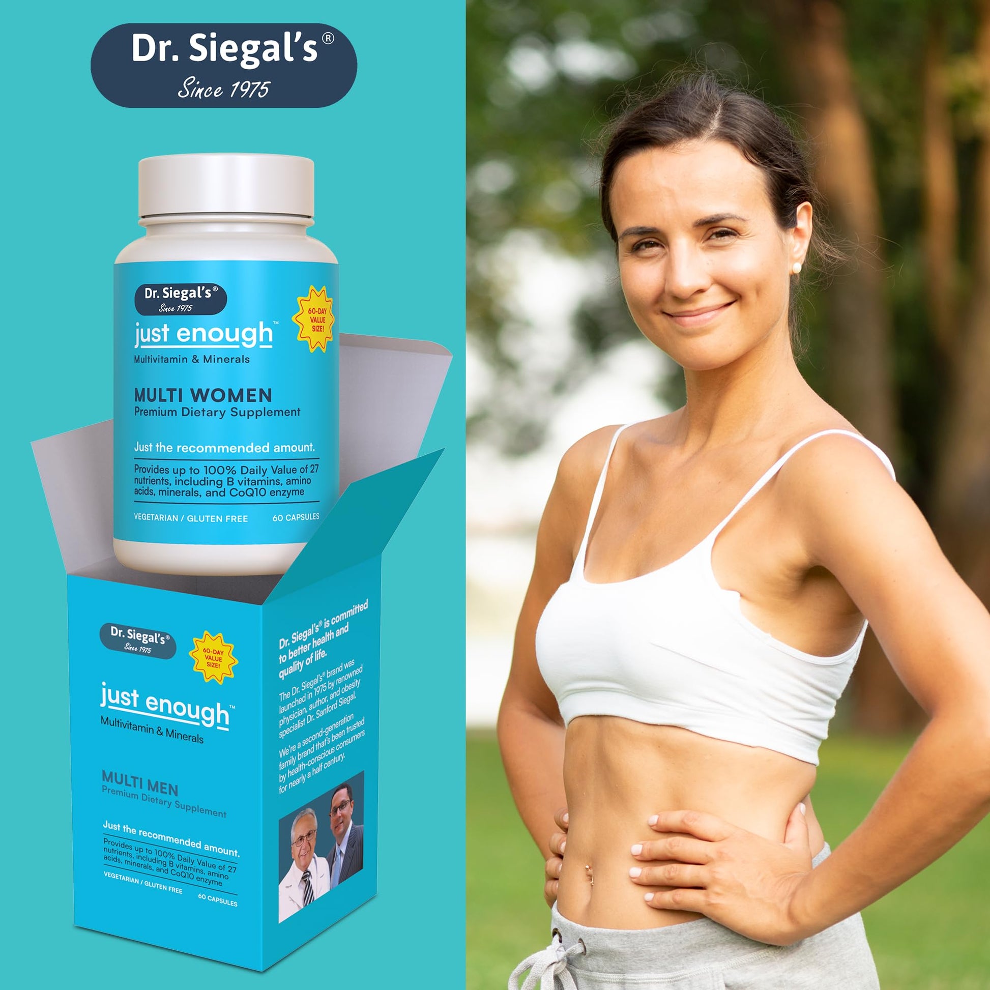 Caja de multivitaminas Just Enough de Dr. Siegal con mujer sonriente.