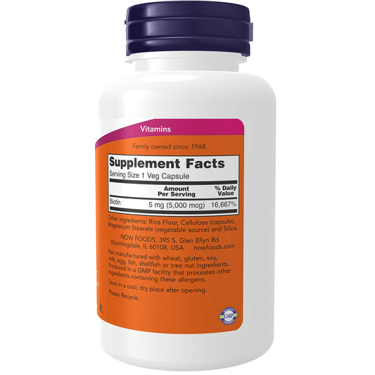 Caja NOW Supplements Biotina 5000 mcg para cabello y piel