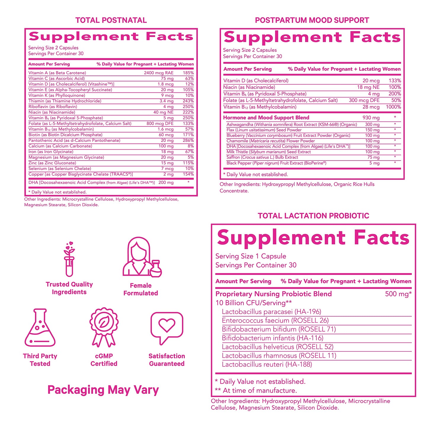 Caja del paquete postnatal Pink Stork con vitaminas para mujeres