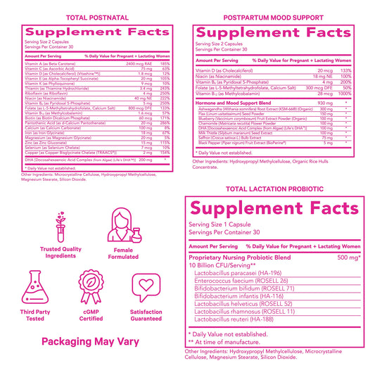 Caja del paquete postnatal Pink Stork con vitaminas para mujeres