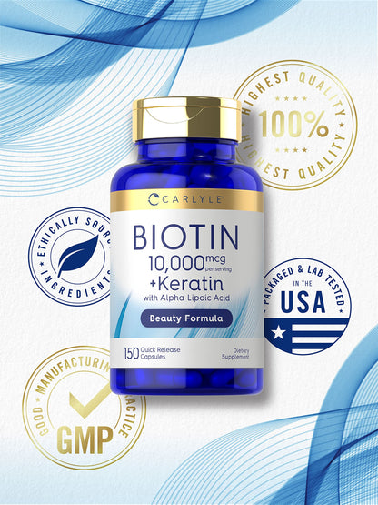Caja paquete suplemento Biotina Carlyle 150 cápsulas
