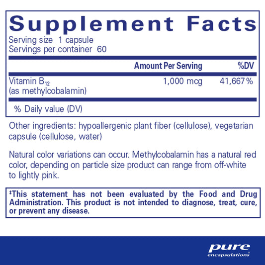 Caja de Pure Encapsulations cápsulas vitamina b12 1000 mcg