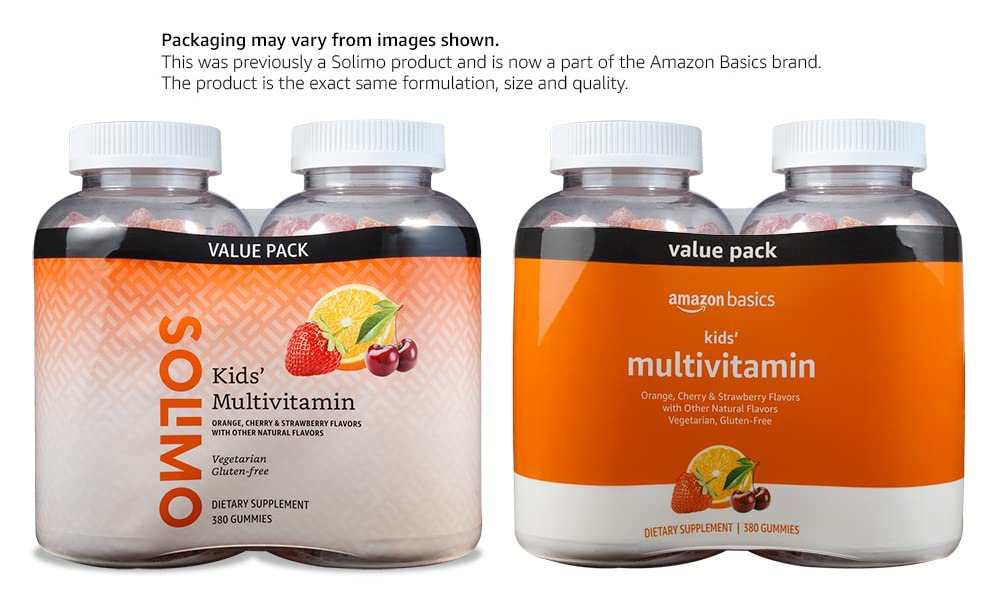 Caja roja y blanca Amazon Basics multivitaminas niños