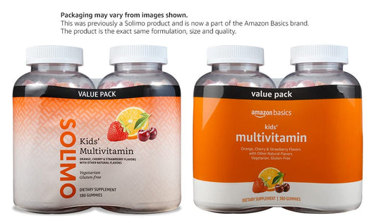 Caja roja y blanca Amazon Basics multivitaminas niños