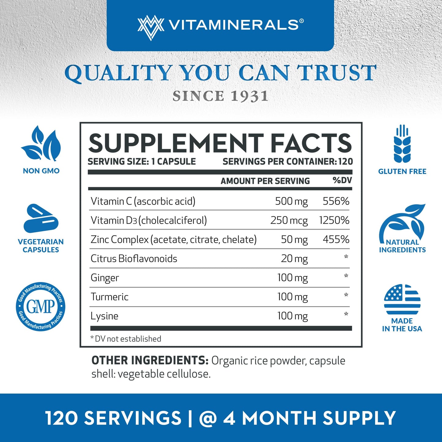 Caja suplementaria vitaminerals 120 caps zinc y vitaminas