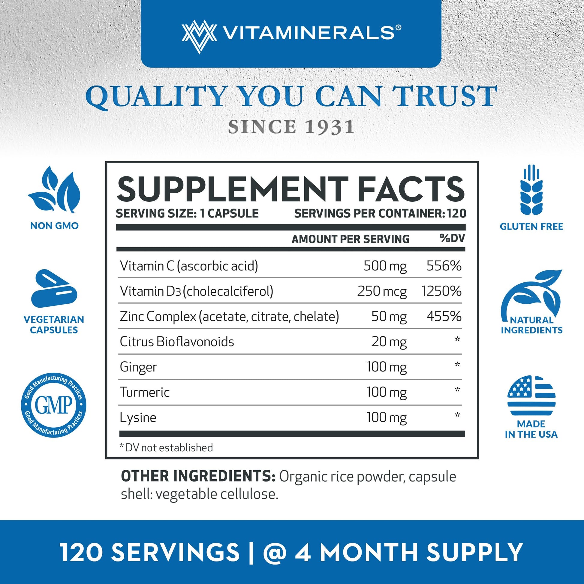 Caja suplementaria vitaminerals 120 caps zinc y vitaminas