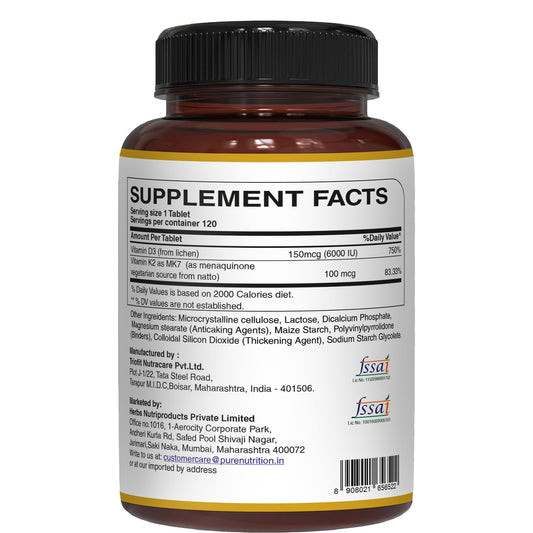 Caja suplemento D3 K2 Pure Nutrition 120 tablets vegano
