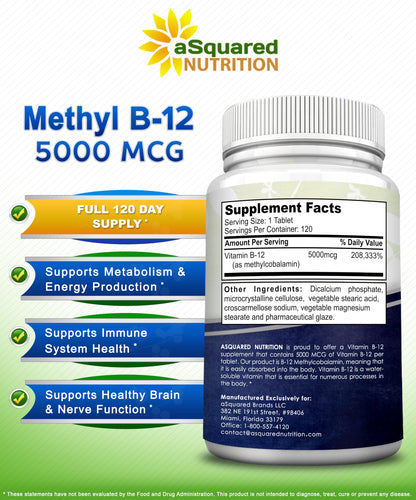 Caja suplemento vitamina b12 aSquared Nutrition 120 tabletas