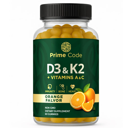 Caja de suplemento de vitaminas Prime Code D3 K2 A y C con 60 cápsulas