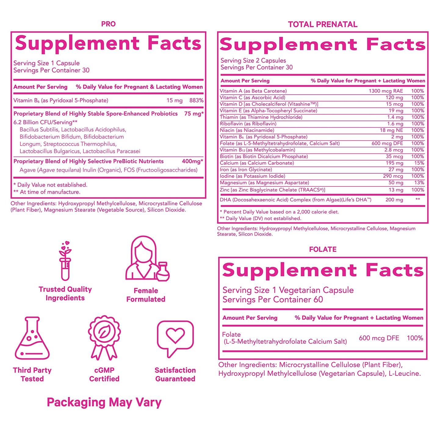 Caja y suplementos vitamina prenatal Pink Stork para embarazo