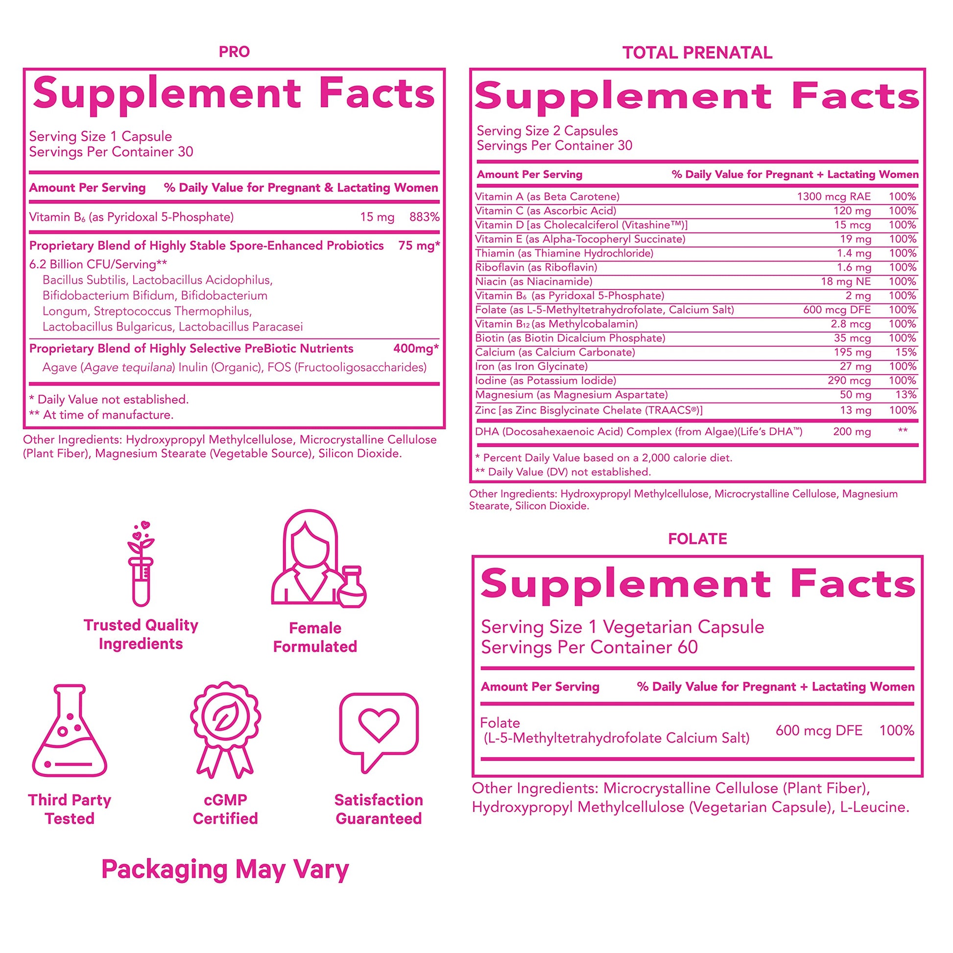 Caja y suplementos vitamina prenatal Pink Stork para embarazo