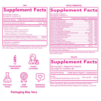 Caja y suplementos vitamina prenatal Pink Stork para embarazo