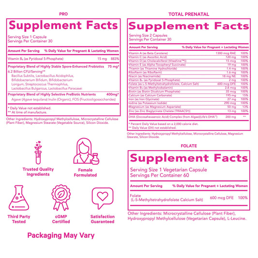 Caja y suplementos vitamina prenatal Pink Stork para embarazo