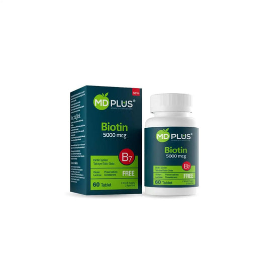 Caja de tabletas biotina avanzada MD Plus 5000 mcg para cabello