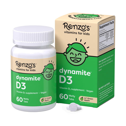 Caja de tabletas vitamina D3 disolubles sin azúcar Renzo sabor manzana verde