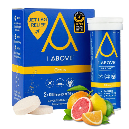 Caja y tubo de tabletas 1ABOVE Citrus para el alivio del jet lag
