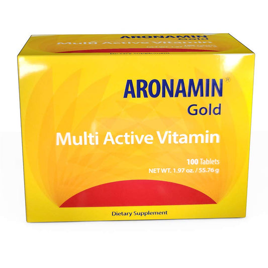 Caja de vitamina activa Aronamin Gold con 100 tabletas.