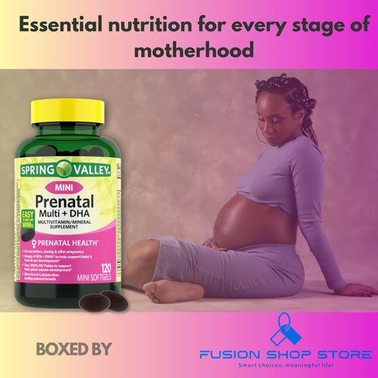 Caja vitaminás prenatales Spring Valley 120 mini cápsulas blandas