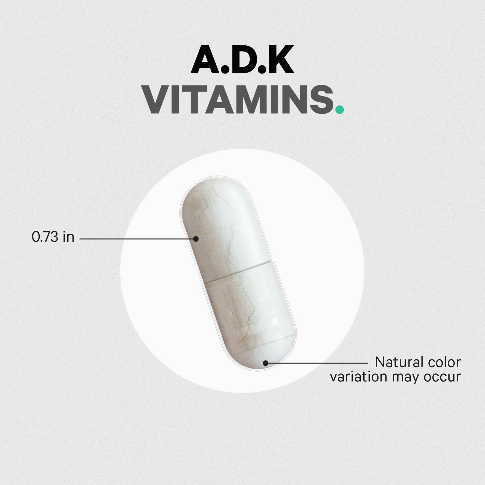 Cápsula de vitamina ADK de Codeage medida en pulgadas.
