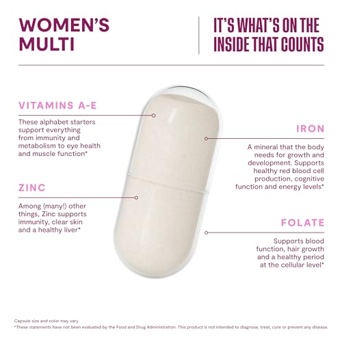 Cápsula de multivitamínico Habit destacando vitaminas A-E, zinc, folato e hierro.