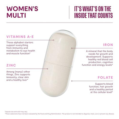 Cápsula de multivitamínico Habit destacando vitaminas A-E, zinc, folato e hierro.
