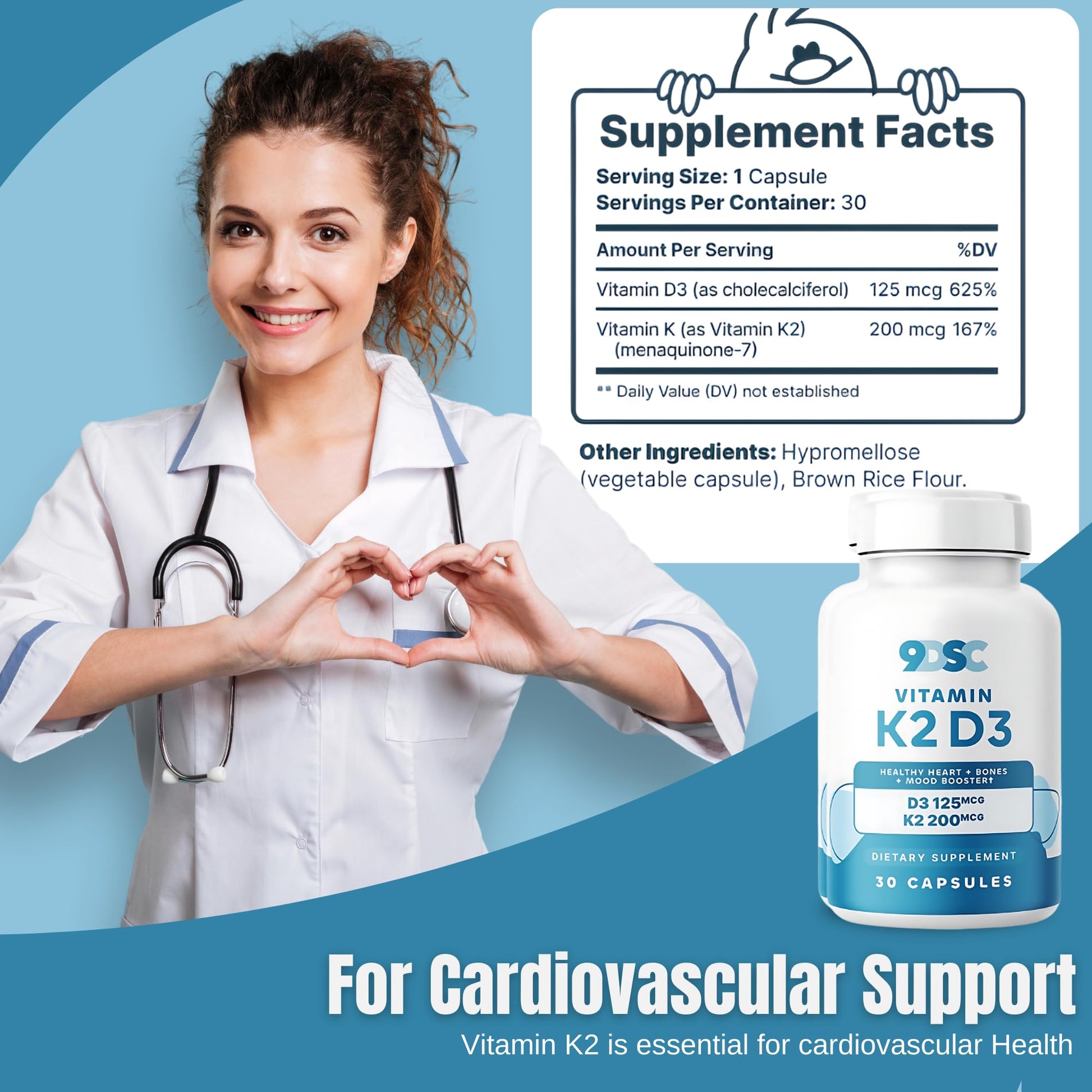 Cápsulas 9DSC vitaminas D3 y K2 MK-7 para salud de huesos