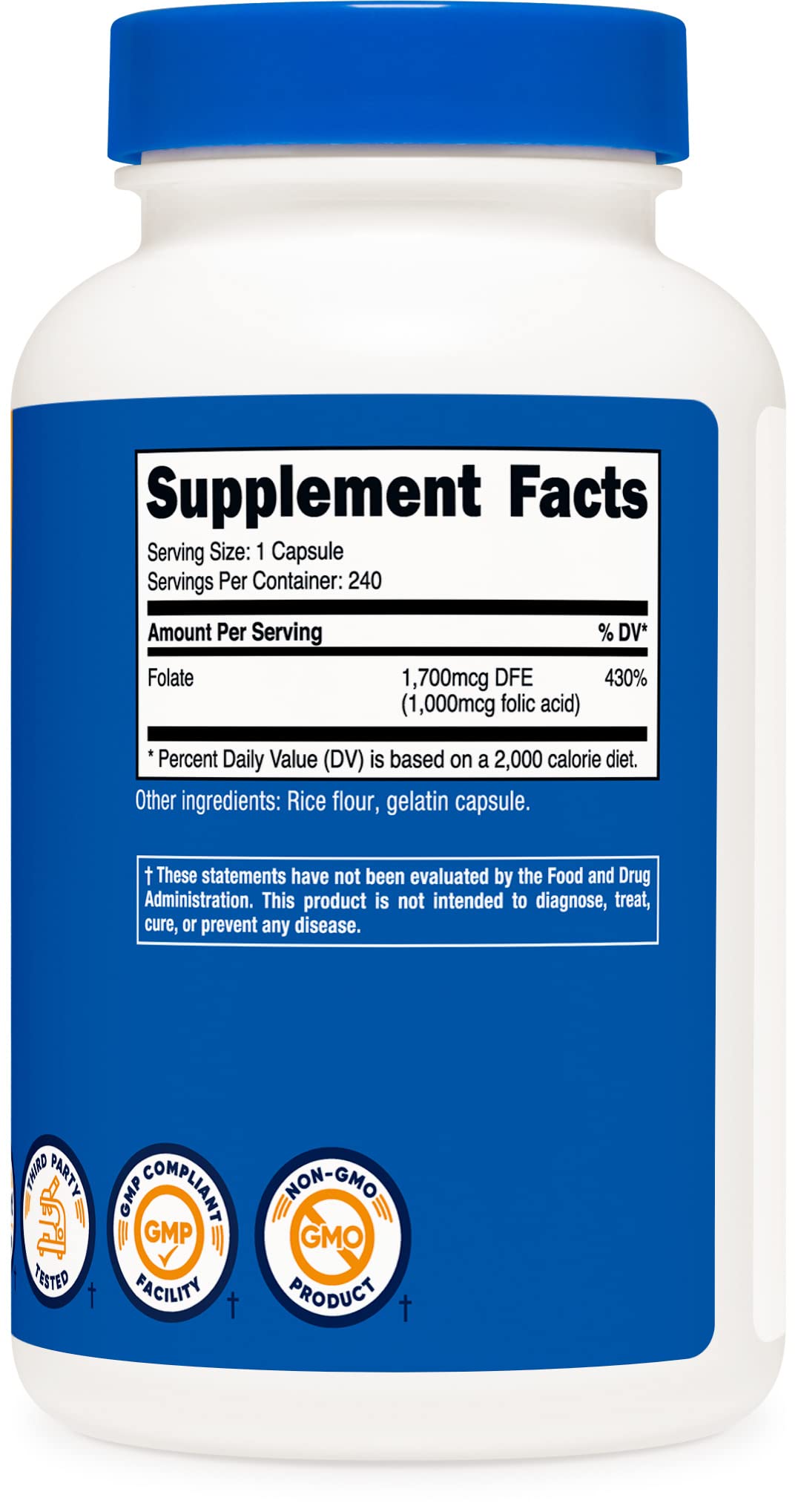 Cápsulas ácido fólico Nutricost 1000 mcg